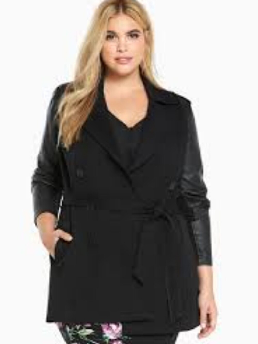 Torrid Blk Double Breasted Mixed Media Faux Leather Sleeve Trench Coat